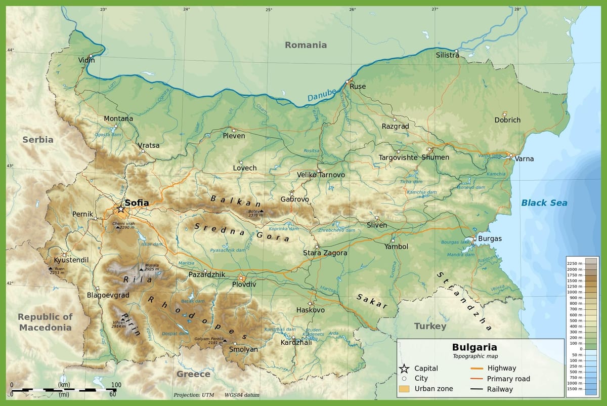 Bulgaria mapa topográfico